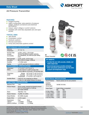 Ashcroft A2 Industrial Pressure Transducer Datasheet Manualzz