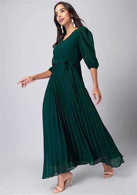 Buy Women Dark Green Pleated Maxi Dress With Self Fabric Belt Date