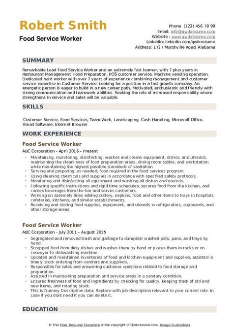 Food Service Resume Sample