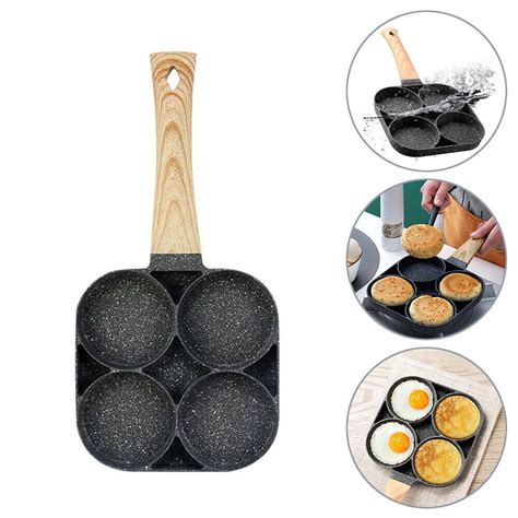 4 Hole Omelet Pan For Burger Egg Ham Pancake Maker Wooden Handle Frying