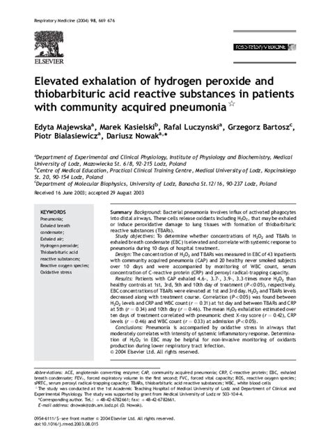 Pdf Elevated Exhalation Of Hydrogen Peroxide And Thiobarbituric Acid