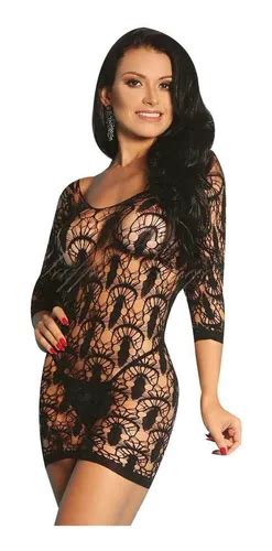 Lingerie Sexy Mini Vestido Arrastão Sensual Detalhada Luxo Parcelamento sem juros