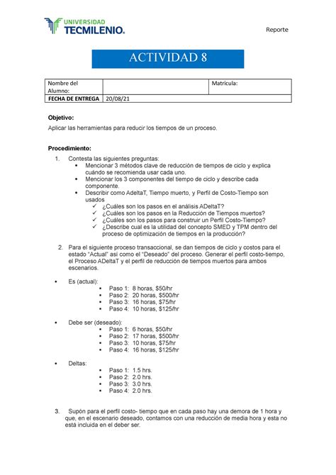 Actividad Manufactura Esbelta Lean Manufacturing Tecmilenio Studocu
