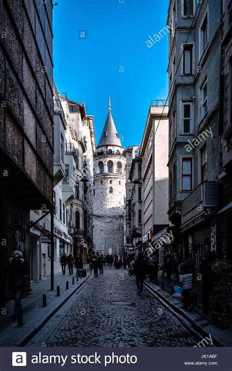 View Of Old Narrow Street With The Galata Tower Turkish Galata Kulesi