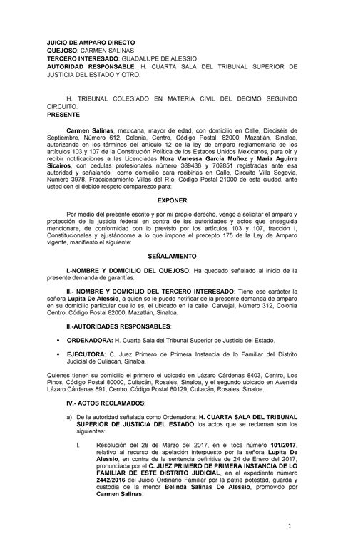 Juicio De Amparo Directo Docx Juicio De Amparo Directo Quejoso