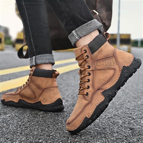 Tawop Brown Boots,Men'S Casual High-Top Leather Shoes Warm Short Boots ...