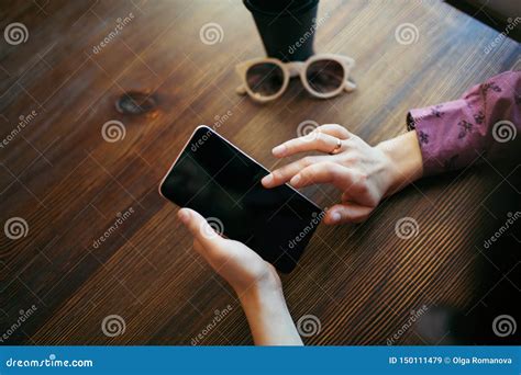 Woman Hands Scrolling The Screen Of Mobile Phone Stock Image Image