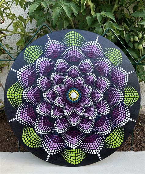 Blooming Vibrant Dot Mandala Hand Painted On Black Stretched Etsy Artofit