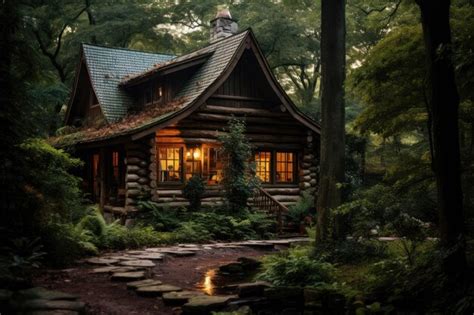 Premium AI Image | A log cabin in the woods shines brightly at night ...