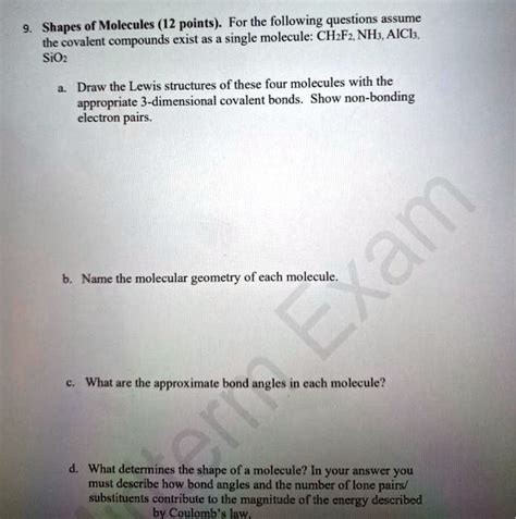 SOLVED: Text: Shapes of Molecules (12 points) For the following questions, assume the covalent ...