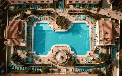 Premium AI Image | An aerial view of a hotel with a pool and trees.