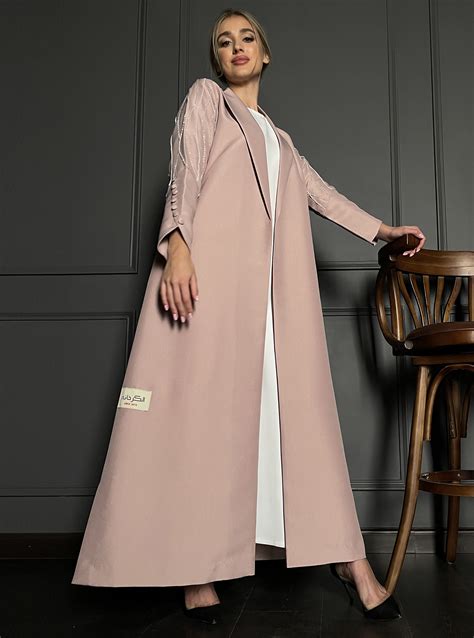 AK213 Abaya Pink Abaya With Embellished Sleeves And Buttoned Cuffs