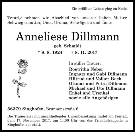 Traueranzeigen Von Anneliese Dillmann Rz Trauer De