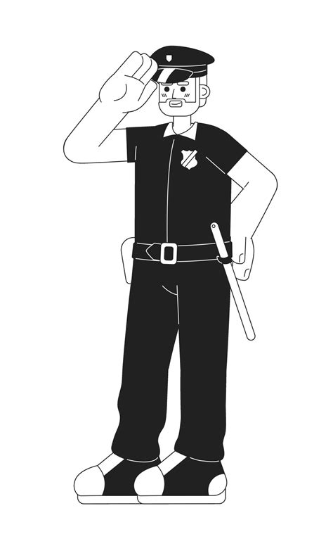 Male Police Officer Smiling Black And White Cartoon Flat Illustration