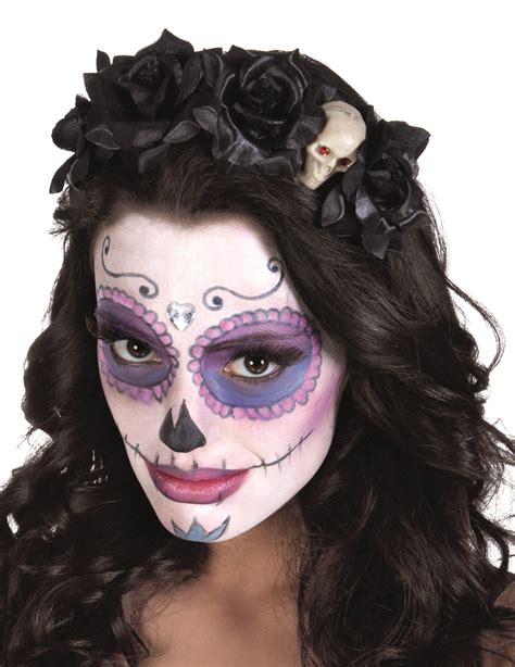 Serre tête roses noires avec tête de mort femme Dia de los muertos