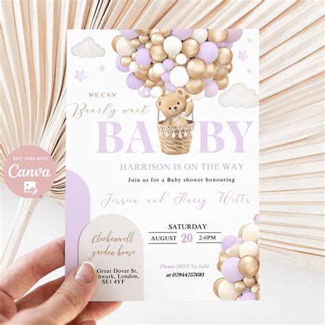 Editable We Can Bearly Wait Baby Shower Invite Hot Air Balloon Lilac Girl Teddy Bear Theme Boho