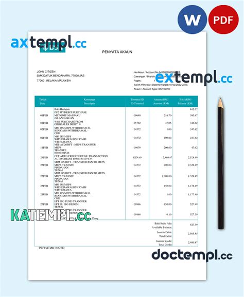 Sample Malaysia Bsn Bank Account Statement Penyata Akaun Word And Pdf Template In English