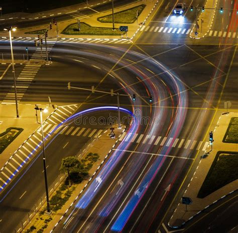 Cross Road Junction with Light Trails from Cars.Street Editorial Image ...