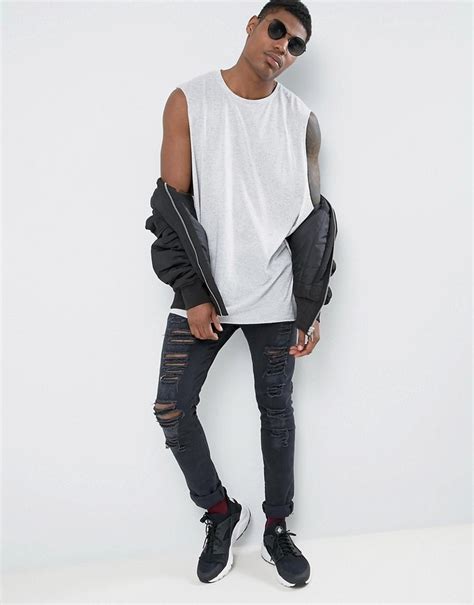 Asos Super Oversized Sleeveless T Shirt In Linen Mix In Gray 13