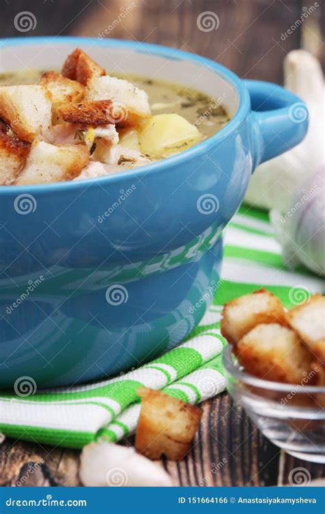 A Bowl With Traditional Czech Garlic Soup Cesnecka Stock Photo Image