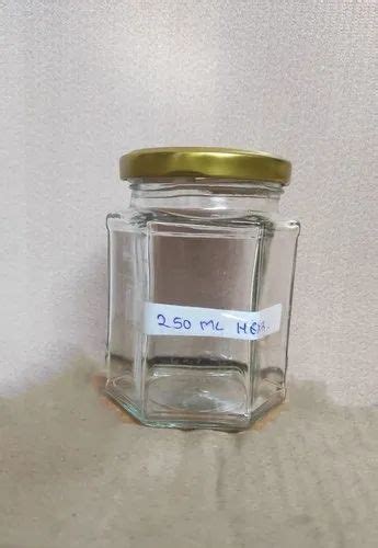 Transparent Aluminum Metal Golden Cap 250 Ml Hexagonal Glass Jar At Rs