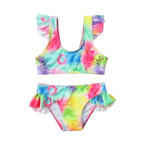 Maillot de Bain Mode Filles 2 Pièces Volants Mignon Bikini de Plage Filles 2 à 7 ans Stretch