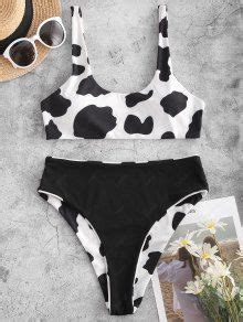 28 OFF 2022 ZAFUL Reversible Cow Print Ribbed Bikini Set In BLACK ZAFUL