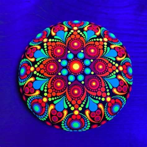 Hand Painted Bright UV Reactive Dot Mandala Rock Fluorescent Painted