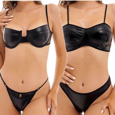 Womens Patent Leather Swimsuit Pcs Bikini Set Bra With Thong Brazilian Swimwear Ebay