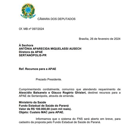 APAE de Sertanópolis recebe emenda de R 100 Mil Reais do Deputado