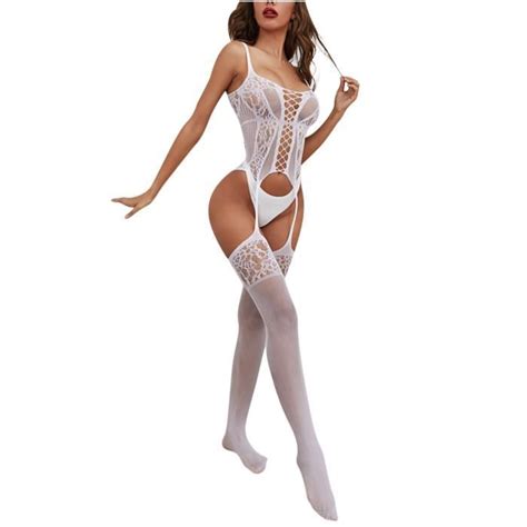 Femmes Deep V Hollow Lingerie Open Crotch Bodystockings Perspective Body N Blanc