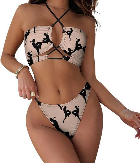 Muay Thai Arts Adjustable Two Piece Swimsuit For Women Triangle Bikini String Tie Bathing Suits