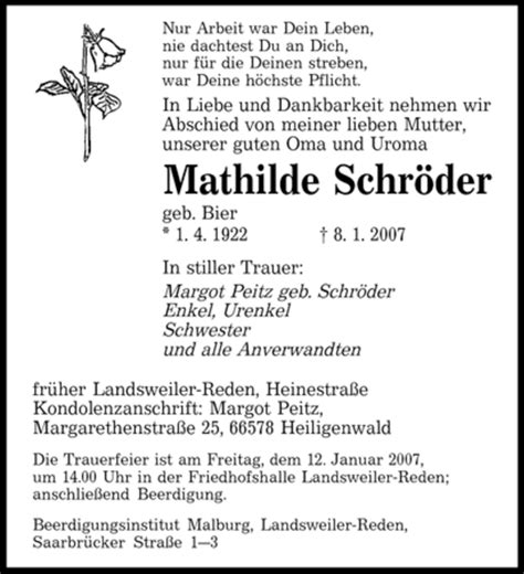 Traueranzeigen Von Mathilde Schr Der Saarbruecker Zeitung Trauer De