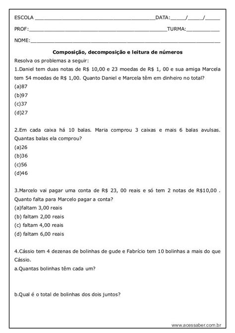 Atividade De Matemática Composição E Decomposição Dos Números Natura