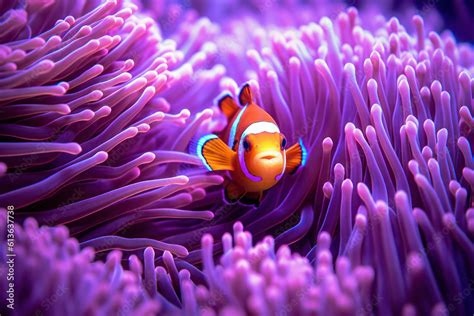 An Underwater Close Up Of A Colorful Clownfish Nestled Among The