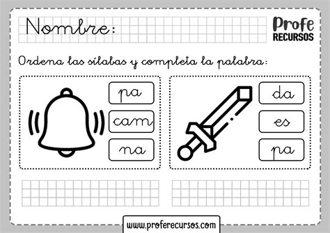 Actividades de ordenar sílabas y escribir palabras