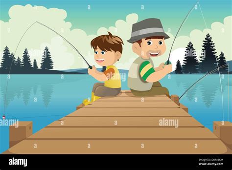 Una ilustración vectorial de padre e hijo sentados en un muelle de