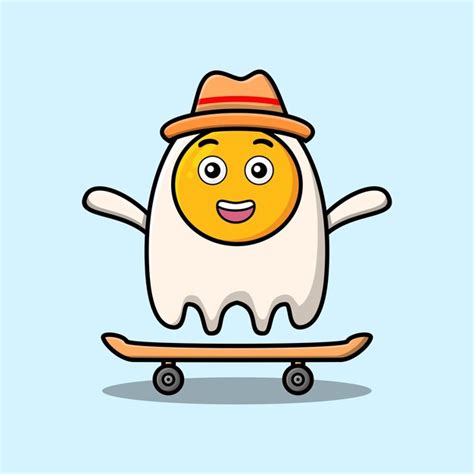 Premium Vector Cute Cartoon Fried Eggs Standing On Skateboard