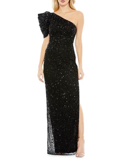 Mac Duggal Embellished Puff One Shoulder Column Gown In Black Modesens