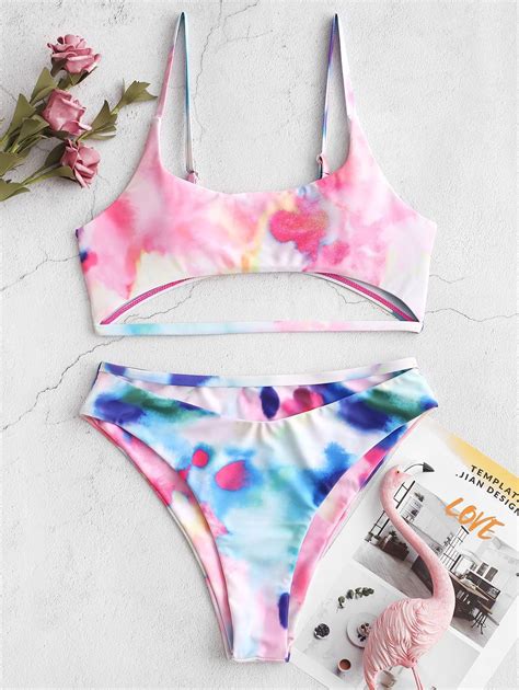 Zaful Tie Dye High Cut Cutout Bikini Swimsuit Multi A Spon Dye