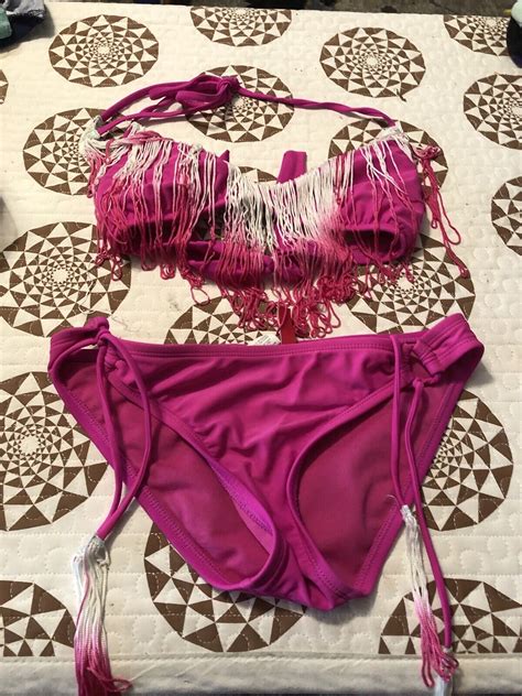 Bikini Lab Womens Pink Piece Bikini With Fringe Det Gem