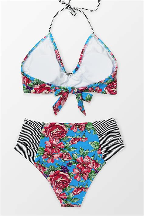 Red Floral And Stripe Halter Bikini Top