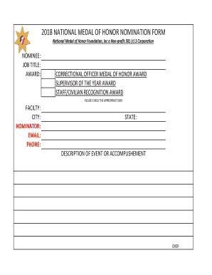 Fillable Online 2018 NATIONAL MEDAL OF HONOR NOMINATION FORM Fax Email