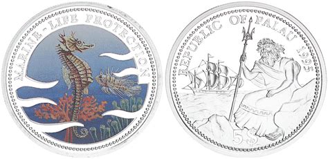 Palau 5 Dollar 1995 Farbmünze Neptun Schutz der Meeresfauna