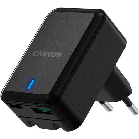 Сетевое зарядное устройство Canyon H-20T, USB-C + USB-A, 3A, черный CNS ...