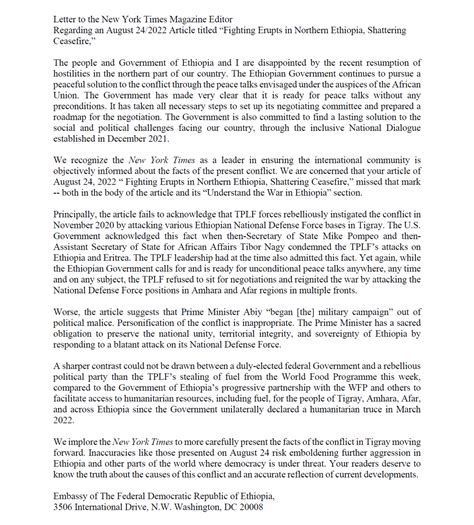 Mfa Ethiopia On Twitter Rt Ethembassyus Letter To The New York