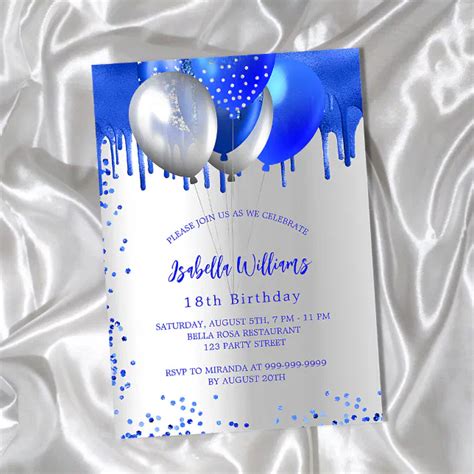 Birthday Royal Blue Silver Balloons Party Invitation Zazzle