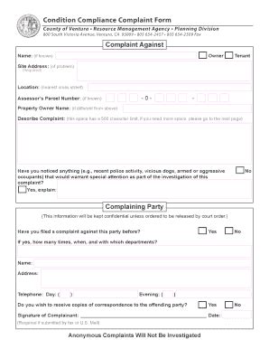 Fillable Online Ventura Condition Compliance Complaint Form County Of