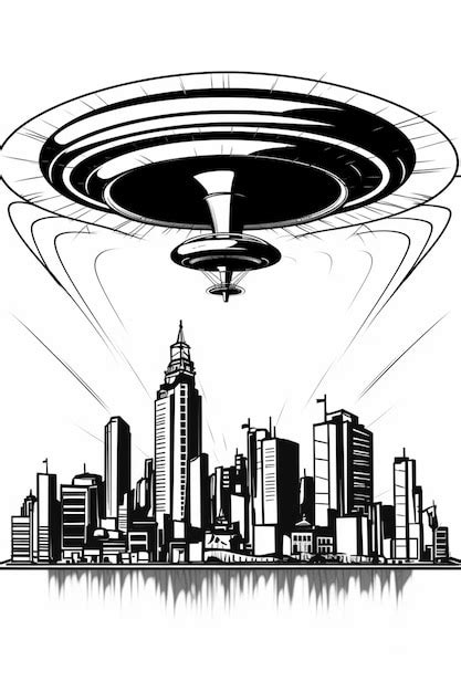 Premium AI Image | a black and white drawing of a flying saucer over a ...