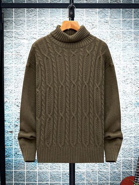 Men Turtle Neck Drop Shoulder Cable Knit Sweater Fashion Suits For